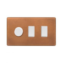 Soho Fusion Antique Copper & White 3 Gang Light Switch with 1 dimmer (2x 2 Way Switch & Trailing Dimmer) Screwless
