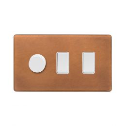 Soho Fusion Antique Copper & White 3 Gang Light Switch with 1 dimmer (2x 2 Way Switch & Trailing Dimmer) Screwless