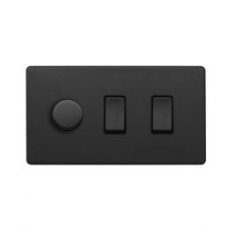 Soho Lighting Matt Black 3 Gang Light Switch with 1 dimmer (2x 2 Way Switch & Trailing Dimmer) Blk Ins Screwless