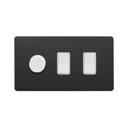 Soho Fusion Matt Black & White 3 Gang Light Switch with 1 dimmer (2x 2 Way Switch & Trailing Dimmer) Screwless