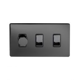 Soho Lighting Black Nickel 3 Gang Light Switch with 1 dimmer (2x 2 Way Switch & Trailing Dimmer) Screwless