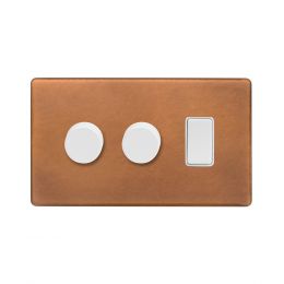 Soho Fusion Antique Copper & White 3 Gang Light Switch with 2 Dimmers (2 Way Switch & 2x Trailing Dimmer) Screwless