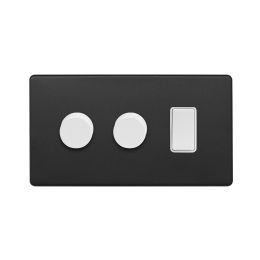 Soho Fusion Matt Black & White 3 Gang Light Switch with 2 Dimmers (2 Way Switch & 2x Trailing Dimmer) Screwless