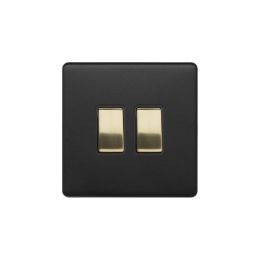 Soho Fusion Matt Black & Brushed Brass 2 Gang Retractive Switch Blk Ins Screwless