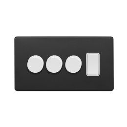 Soho Fusion Matt Black & White 4 Gang Switch with 3 Dimmers (3x150W LED Dimmer 1x20A Switch)