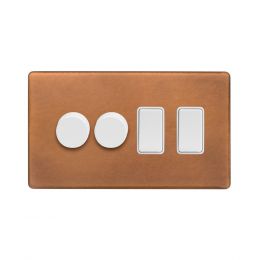 Soho Fusion Antique Copper & White 4 Gang Switch with 2 Dimmers (2x150W LED Dimmer 2x20A Switch)