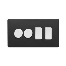 Soho Fusion Matt Black & White 4 Gang Switch with 2 Dimmers (2x150W LED Dimmer 2x20A Switch)