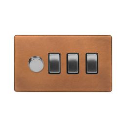 Soho Fusion Antique Copper & Brushed Chrome 4 Gang Switch with 1 Dimmer (1x150W LED Dimmer 3x20A Switch)