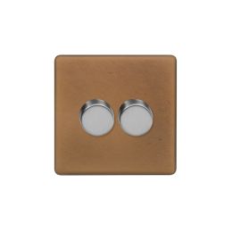 Soho Fusion Antique Copper & Brushed Chrome 2 Gang 2 Way Intelligent Trailing Dimmer Screwless 150W LED (300w Halogen/Incandescent)