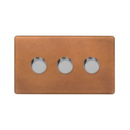 Soho Fusion Antique Copper & Brushed Chrome 3 Gang 2 Way Trailing Dimmer Screwless 100W LED (150w Halogen/Incandescent)