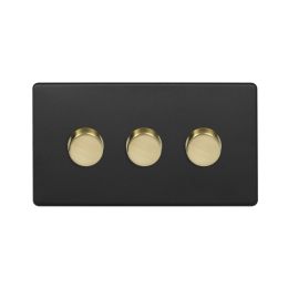 Soho Fusion Matt Black & Brushed Brass 3 Gang 2 Way Trailing Dimmer Screwless 100W LED (150w Halogen/Incandescent)