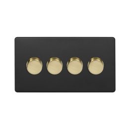 Soho Fusion Matt Black & Brushed Brass 4 Gang 2 Way Trailing Dimmer Screwless 100W LED (150w Halogen/Incandescent)