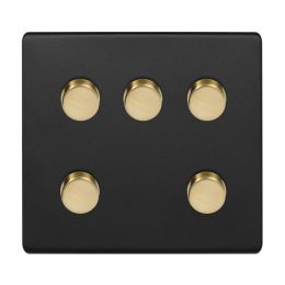 Soho Fusion Matt Black & Brushed Brass 5 Gang Trailing Edge Dimmer Switch 150W LED (300w Halogen/Incandescent)  Screwless
