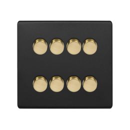 Soho Fusion Matt Black & Brushed Brass 8 Gang 2 Way Intelligent Trailing Dimmer Switch Screwless