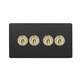 Soho Fusion Matt Black & Brushed Brass 20A 4 Gang 2 Way Toggle Switch Screwless