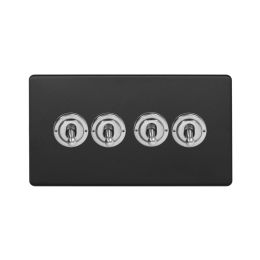 Soho Fusion Matt Black & Brushed Chrome 20A 4 Gang 2 Way Toggle Switch Screwless