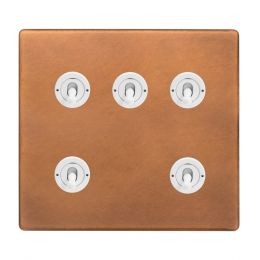 Soho Fusion Antique Copper & White 5 Gang Toggle Light Switch 20A 2 Way Screwless