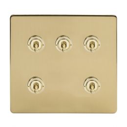 Soho Lighting Brushed Brass 5 Gang Toggle Light Switch 20A 2 Way Screwless