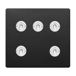 Soho Fusion Matt Black & White 5 Gang Toggle Light Switch 20A 2 Way Screwless