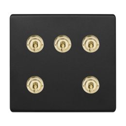 Soho Fusion Matt Black & Brushed Brass 5 Gang Toggle Light Switch 20A 2 Way Screwless