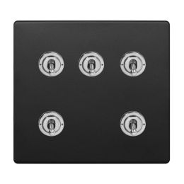 Soho Fusion Matt Black & Brushed Chrome 5 Gang Toggle Light Switch 20A 2 Way Screwless