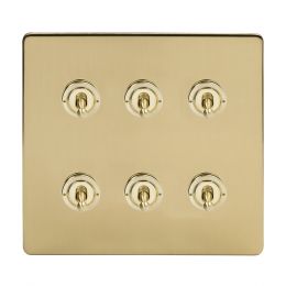 Soho Lighting Brushed Brass 6 Gang Toggle Light Switch 20A 2 Way Screwless