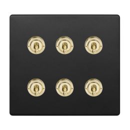 Soho Fusion Matt Black & Brushed Brass 6 Gang Toggle Light Switch 20A 2 Way Screwless