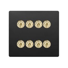 Soho Fusion Matt Black & Brushed Brass 8 Gang Toggle Light Switch 20A 2 Way Screwless