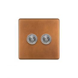 Soho Fusion Antique Copper & Brushed Chrome 2 Gang Retractive Toggle Switch Screwless