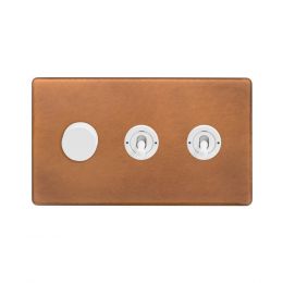Soho Fusion Antique Copper & White 3 Gang Switch with 1 Dimmer (1x150W LED Dimmer 2x20A 2 Way Toggle)