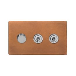 Soho Fusion Antique Copper & Brushed Chrome 3 Gang Switch with 1 Dimmer (1x150W LED Dimmer 2x20A 2 Way Toggle)