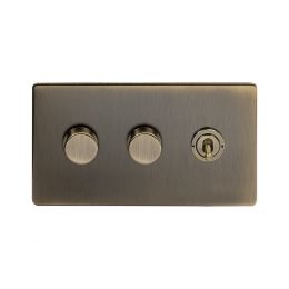 Soho Lighting Antique Brass 3 Gang Switch with 2 Dimmers (2x150W LED Dimmer 1x20A 2 Way Toggle)