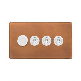 Soho Fusion Antique Copper & White 4 Gang Switch with 1 Dimmer (1x150W LED Dimmer 3x20A 2 Way Toggle)