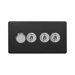Soho Fusion Matt Black & Brushed Chrome 4 Gang Switch with 1 Dimmer (1x150W LED Dimmer 3x20A 2 Way Toggle)