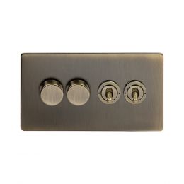 Soho Lighting Antique Brass 4 Gang Switch with 2 Dimmers (2x150W LED Dimmer 2x20A 2 Way Toggle)