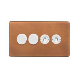 Soho Fusion Antique Copper & White 4 Gang Switch with 2 Dimmers (2x150W LED Dimmer 2x20A 2 Way Toggle)