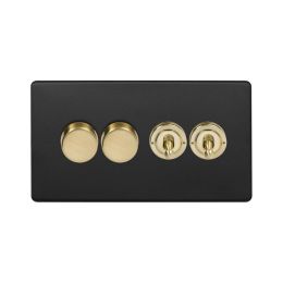 Soho Fusion Matt Black & Brushed Brass 4 Gang Switch with 2 Dimmers (2x150W LED Dimmer 2x20A 2 Way Toggle)