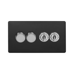 Soho Fusion Matt Black & Brushed Chrome 4 Gang Switch with 2 Dimmers (2x150W LED Dimmer 2x20A 2 Way Toggle)