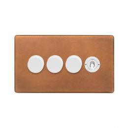 Soho Fusion Antique Copper & White 4 Gang Switch with 3 Dimmers (3x150W LED Dimmer 1x20A 2 Way Toggle)