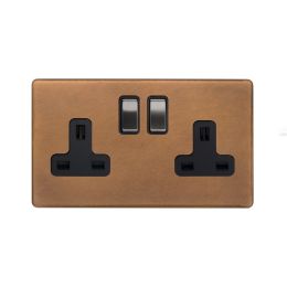 Soho Fusion Antique Copper & Brushed Chrome 13A 2 Gang Switched Socket, DP Black Insert Screwless
