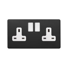 Soho Fusion Matt Black & White 13A 2 Gang Switched Socket, DP Screwless