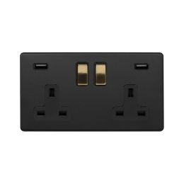 Soho Fusion Matt Black & Brushed Brass 2 Gang 3.1 Amp USB Socket Black Insert Screwless