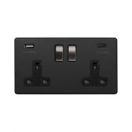 Soho Fusion Matt Black & Brushed Chrome 2 Gang USB  A&C Socket (13A Socket + 2 USB Ports A&C 3.1A)