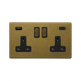 Soho Lighting Old Brass 2 Gang USB A+C Socket (13A Socket + 2 USB Ports A+C 3.1A)