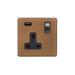 Soho Fusion Antique Copper & Brushed Chrome 13A 1 Gang DP USB Socket (USB 2.1amp) Black Insert Screwless