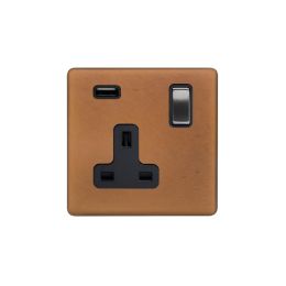 Soho Fusion Antique Copper & Brushed Chrome 13A 1 Gang DP USB Socket (USB 2.1amp) Black Insert Screwless