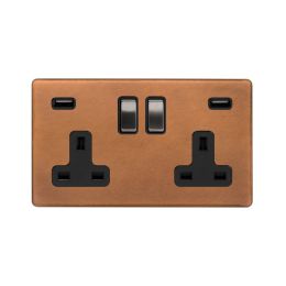 Soho Fusion Antique Copper & Brushed Chrome 13A 2 Gang DP USB Socket (USB 4.8amp) Black Insert Screwless