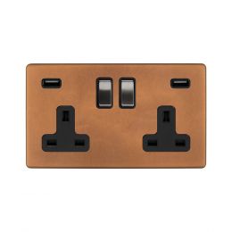 Soho Fusion Antique Copper & Brushed Chrome 13A 2 Gang DP USB Socket (USB 4.8amp) Black Insert Screwless