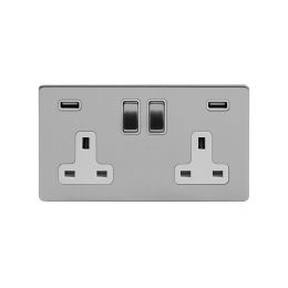 Soho Lighting Brushed Chrome 13A 2 Gang DP USB Switched Socket (USB Output 4.8amp) Wht Ins Screwless