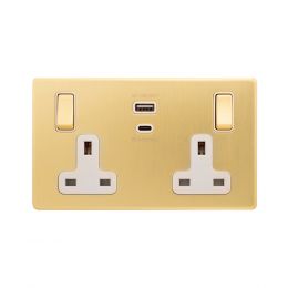 Soho Lighting Brushed Brass with White Insert 13A 2 Gang Super Fast Charge 45W USB A+C Socket